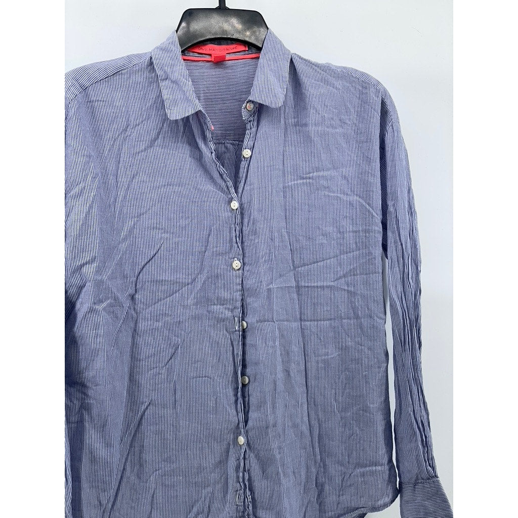 LOVE MANGO Women's Blue Striped Regular-Fit Button-Up Long Sleeve Top SZ S