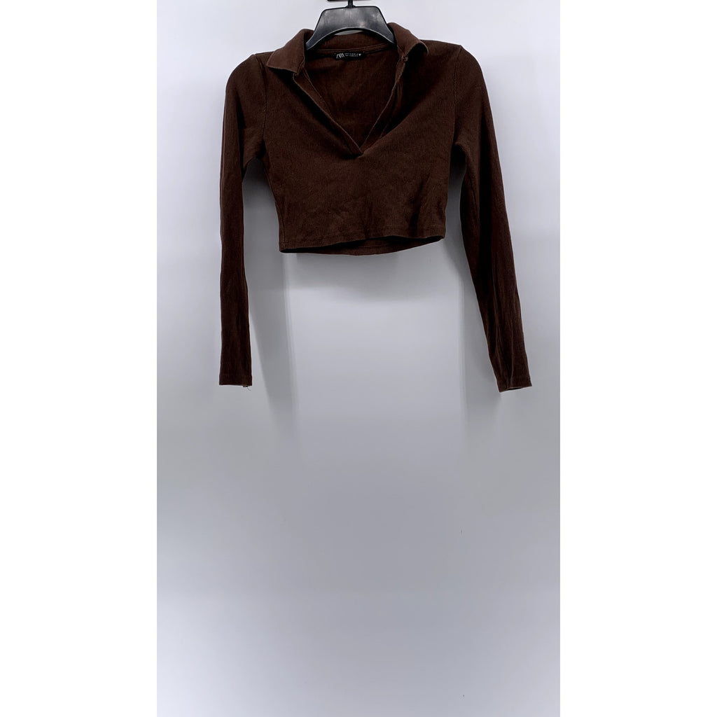 ZARA Women's Brown Ribbed Long Sleeve Casual Polo Crop Top SZ M