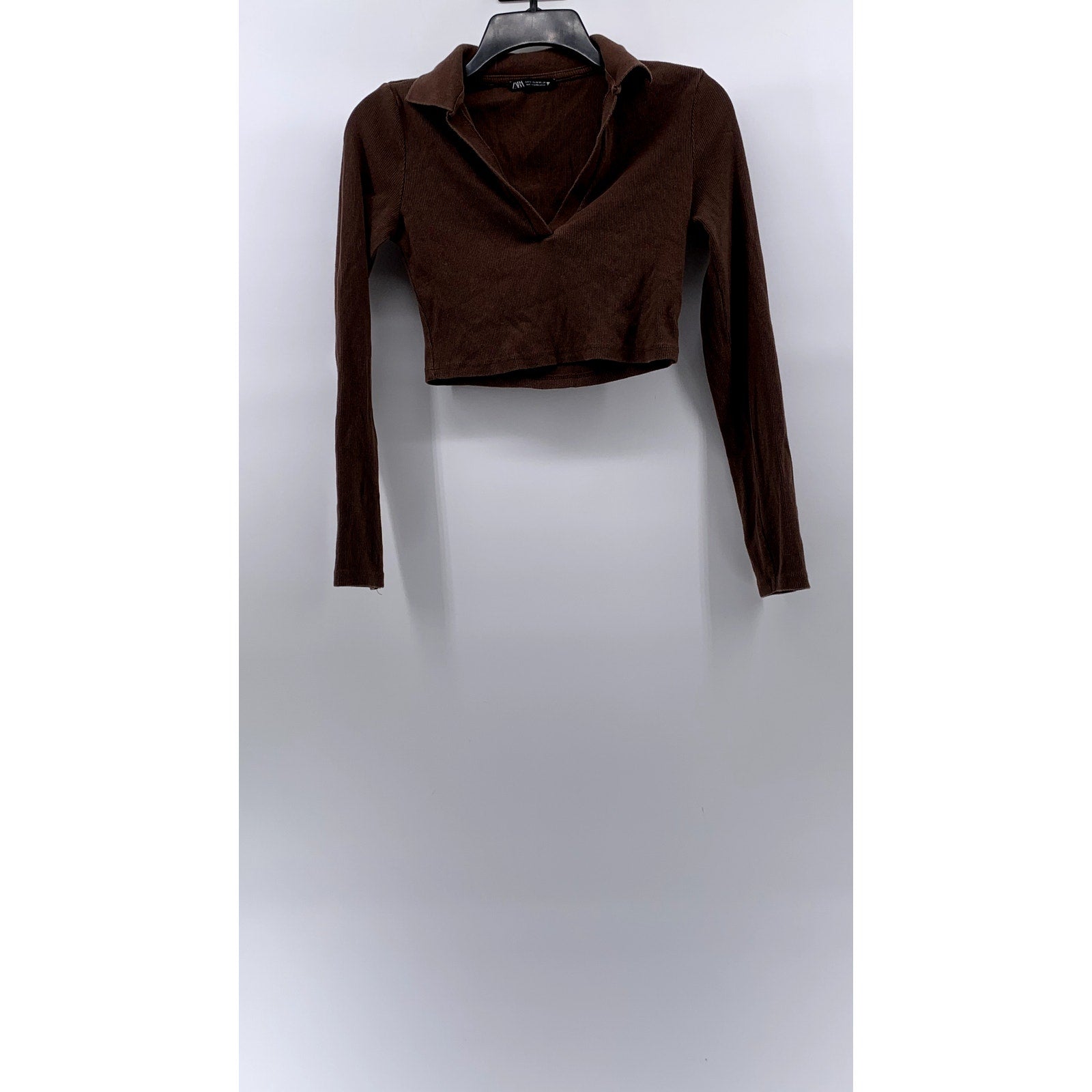 ZARA Women's Brown Ribbed Long Sleeve Casual Polo Crop Top SZ M