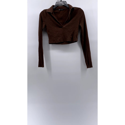 ZARA Women's Brown Ribbed Long Sleeve Casual Polo Crop Top SZ M