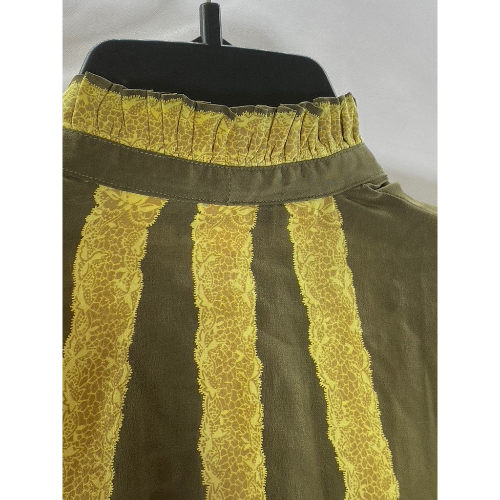 SERGE NANCEL Women’s Vintage Green-Yellow Tie-Neck Button-Up Too SZ 36(US6)
