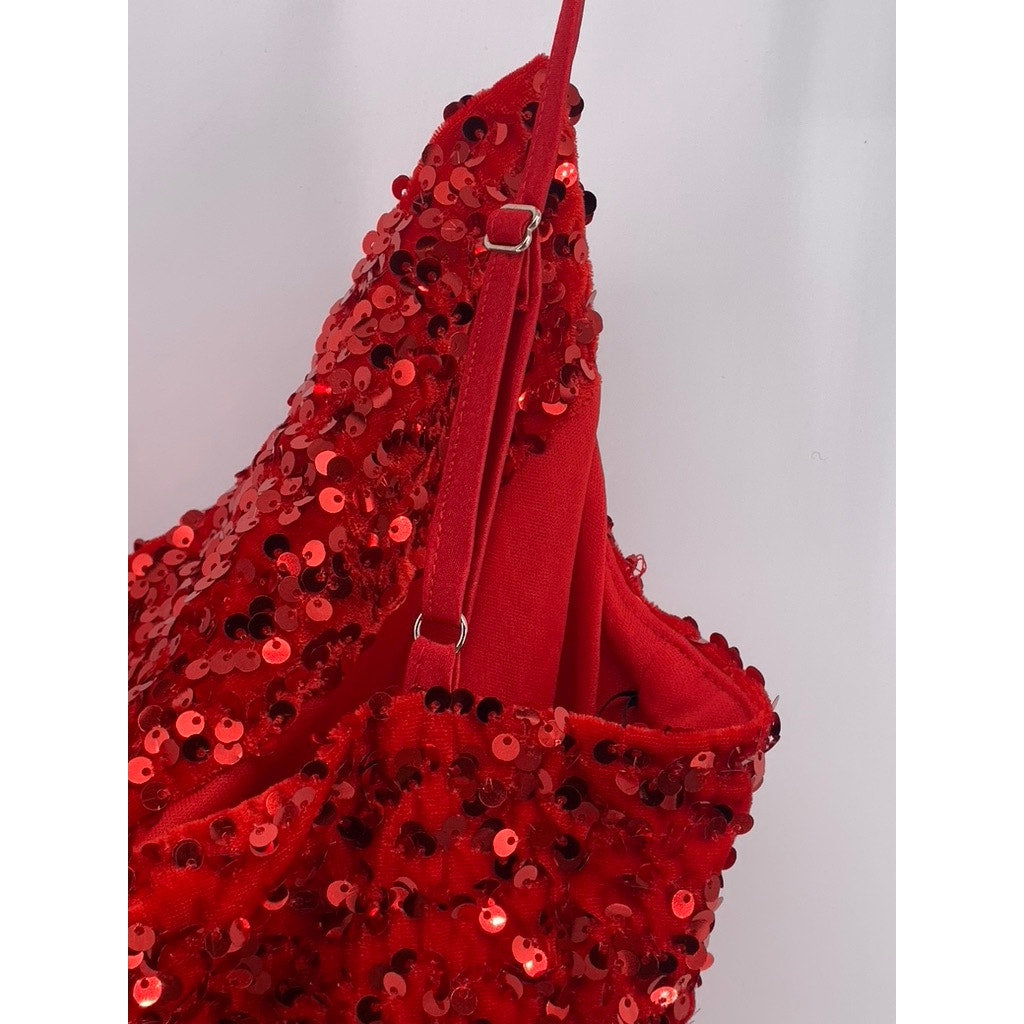 EXPRESS Women's Red Sequin Embellished V-Neck Spaghetti Strap Glam Top SZ S