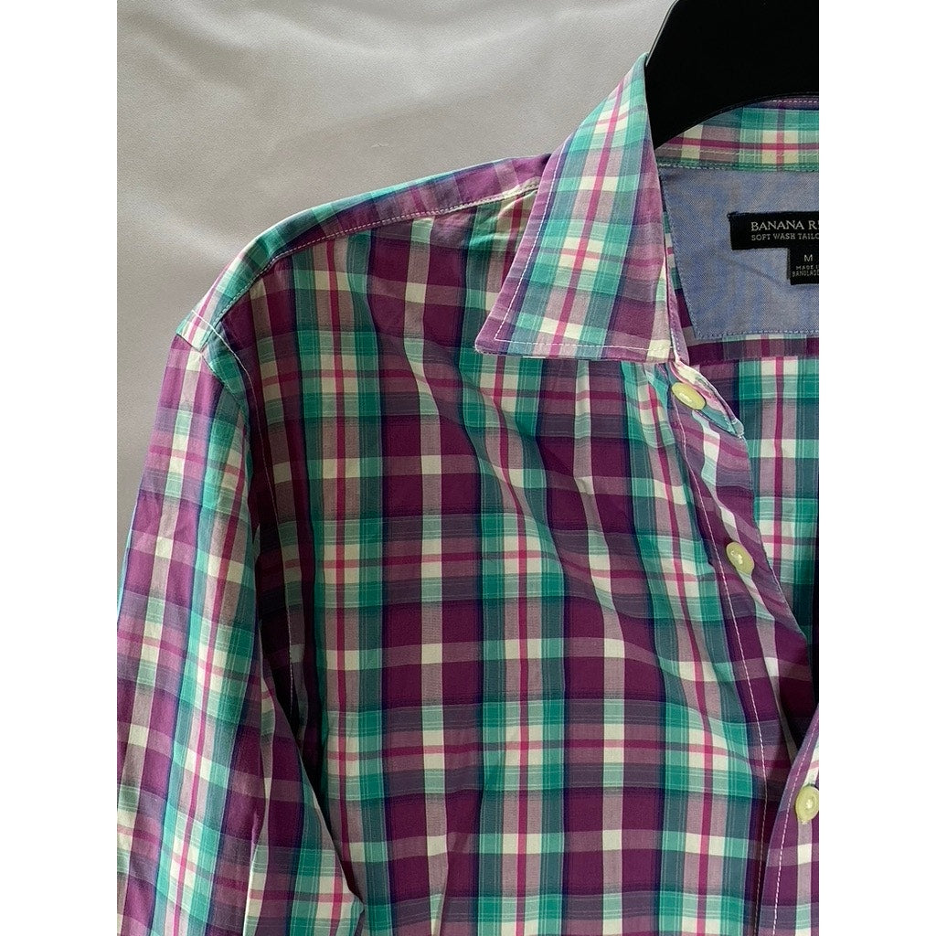 BANANA REPUBLIC Men's Purple-Teal Plaid Tailored Slim-Fit Button-Up Shirt SZ M