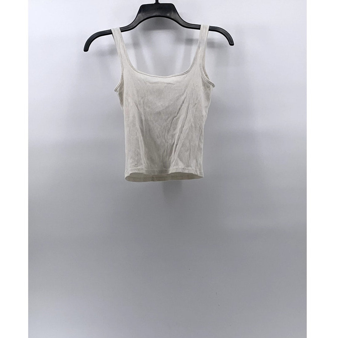 UNBRANDED Women's White Straight-Neck Ribbed Padded Tank Top SZ S