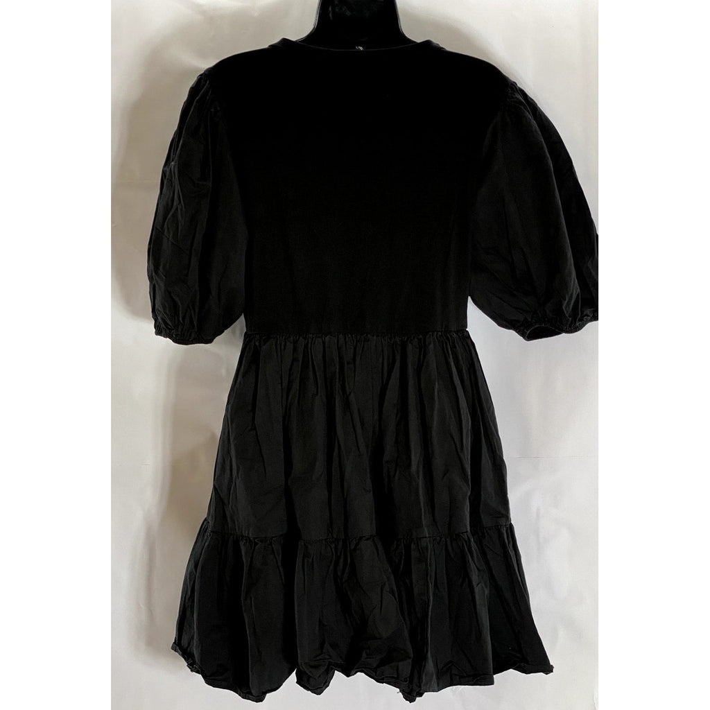 EN SAISON Women's Black Solid Crewneck Puff Sleeve Ruffle-Hem Mini Dress SZ L