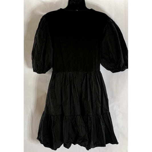 EN SAISON Women's Black Solid Crewneck Puff Sleeve Ruffle-Hem Mini Dress SZ L