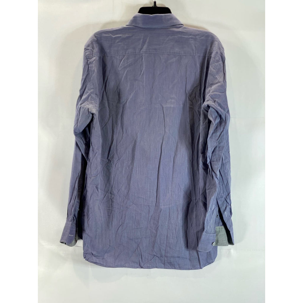 ERMENEGILDO ZEGNA Men's Blue Micro Herringbone Button-Up Long Sleeve Shirt SZ M