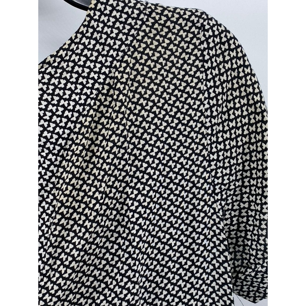 H&M Women's Black-White Mini Bow Print Crewneck Short Sleeve Mini Dress SZ 2