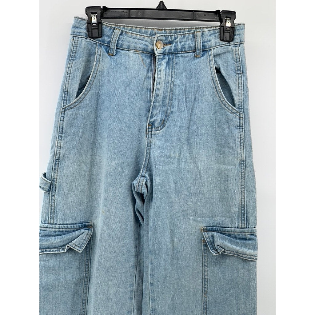 SHEIN Women's Light Blue Denim Baggy Fit High-Rise Cargo Carpenter Jeans SZ 2