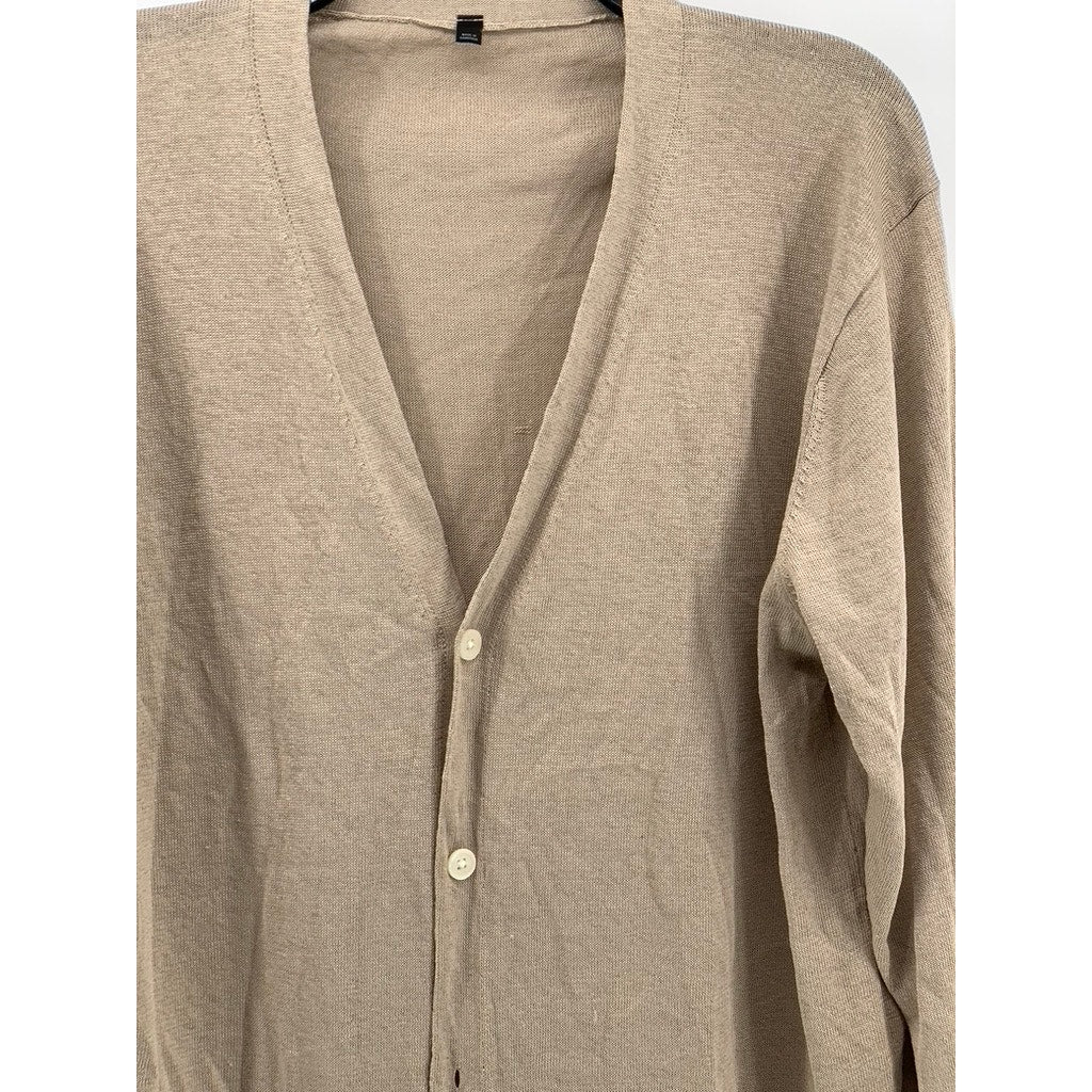 MUJI Women's Beige Knit V-Neck Hemp Blend Button-Up Long Sleeve Cardigan SZ M