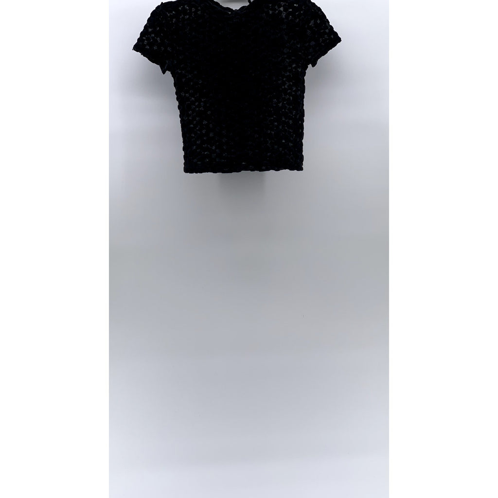 ZARA W&B Women's Black Mesh Textured Mock-Neck Short Sleeve Cropped Top SZ S