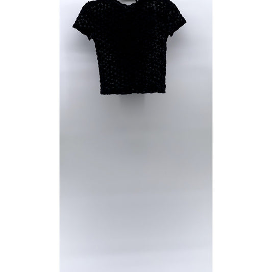 ZARA W&B Women's Black Mesh Textured Mock-Neck Short Sleeve Cropped Top SZ S