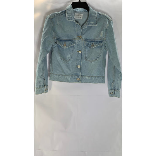 ZARA Girl's Light Blue Denim Basic Button-Up Distressed Jacket SZ 11/12