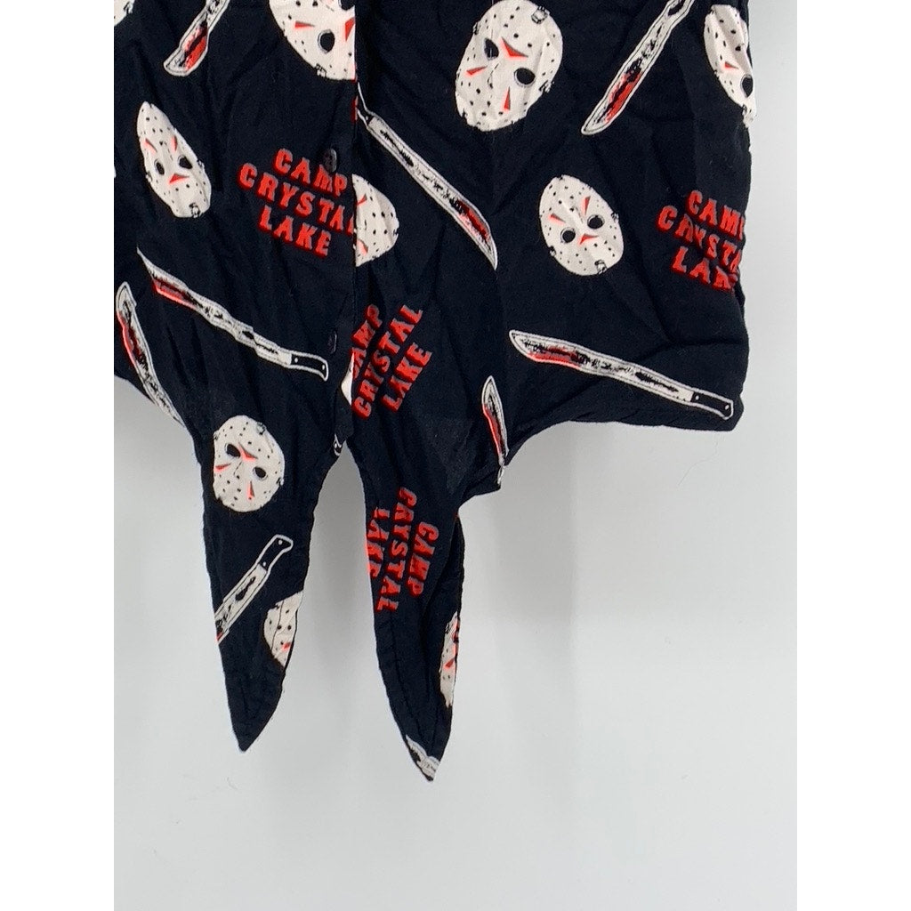 FRIDAY THE 13th Women's Black Jason Print Tie-Front Button-Up Top SZ S