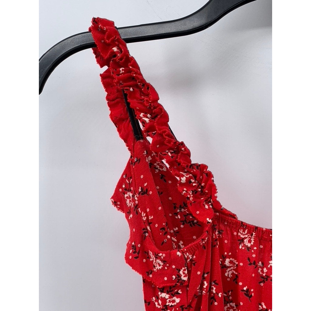 PRETTYLITTLETHING Women's Red Ditsy Floral Lace-Up Bodycon Mini Dress SZ 2