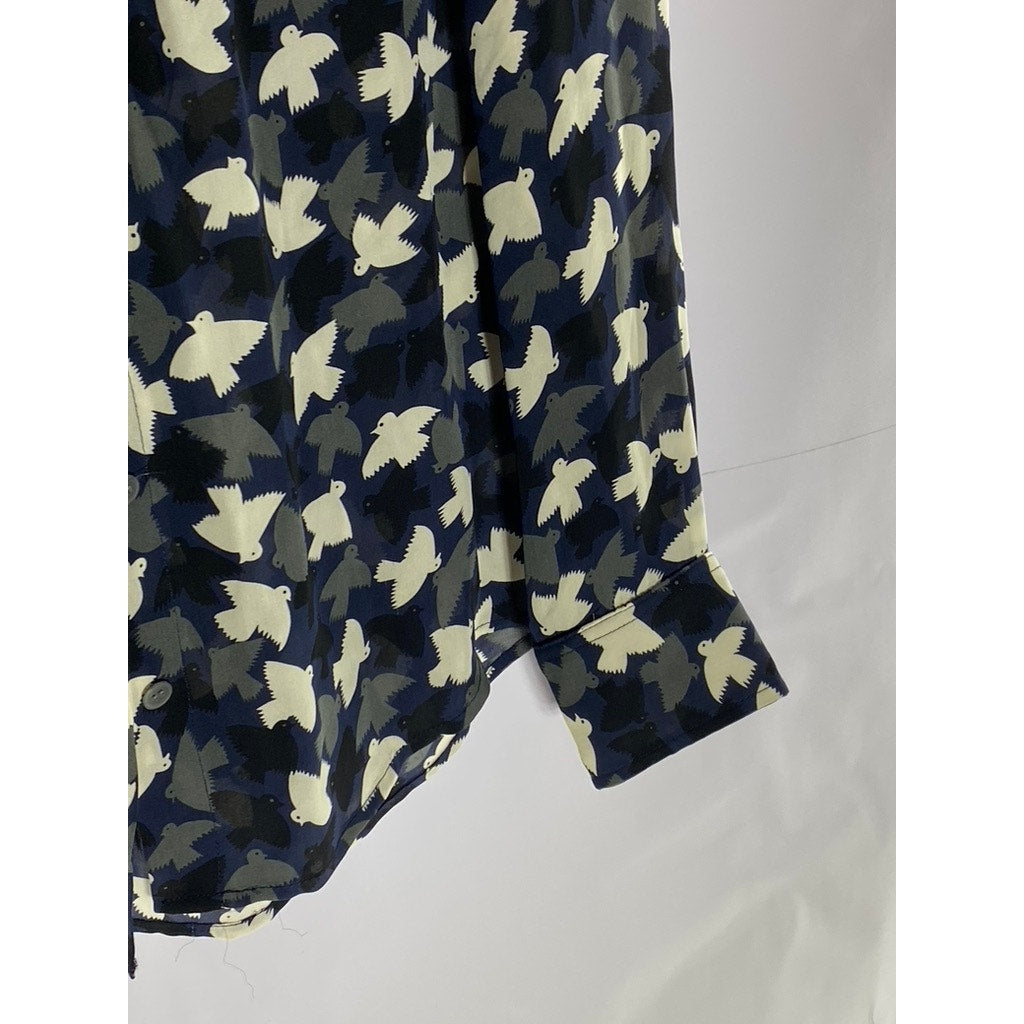 OAK73 Women's Blue/Black/White Bird Print Button-Up Long Sleeve Top SZ M