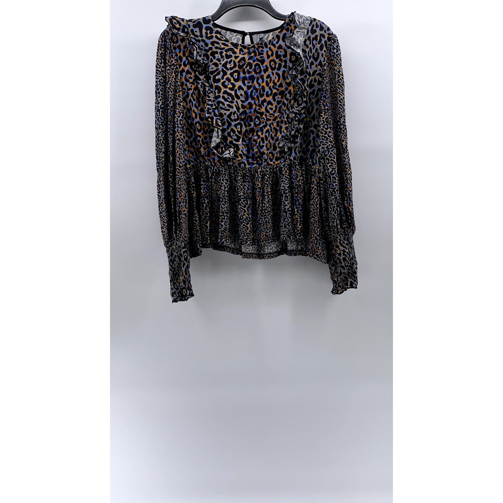 BLANK LONDON Women's Black-Blue-Orange Leopard Print Ruffle Long Sleeve Top SZ L