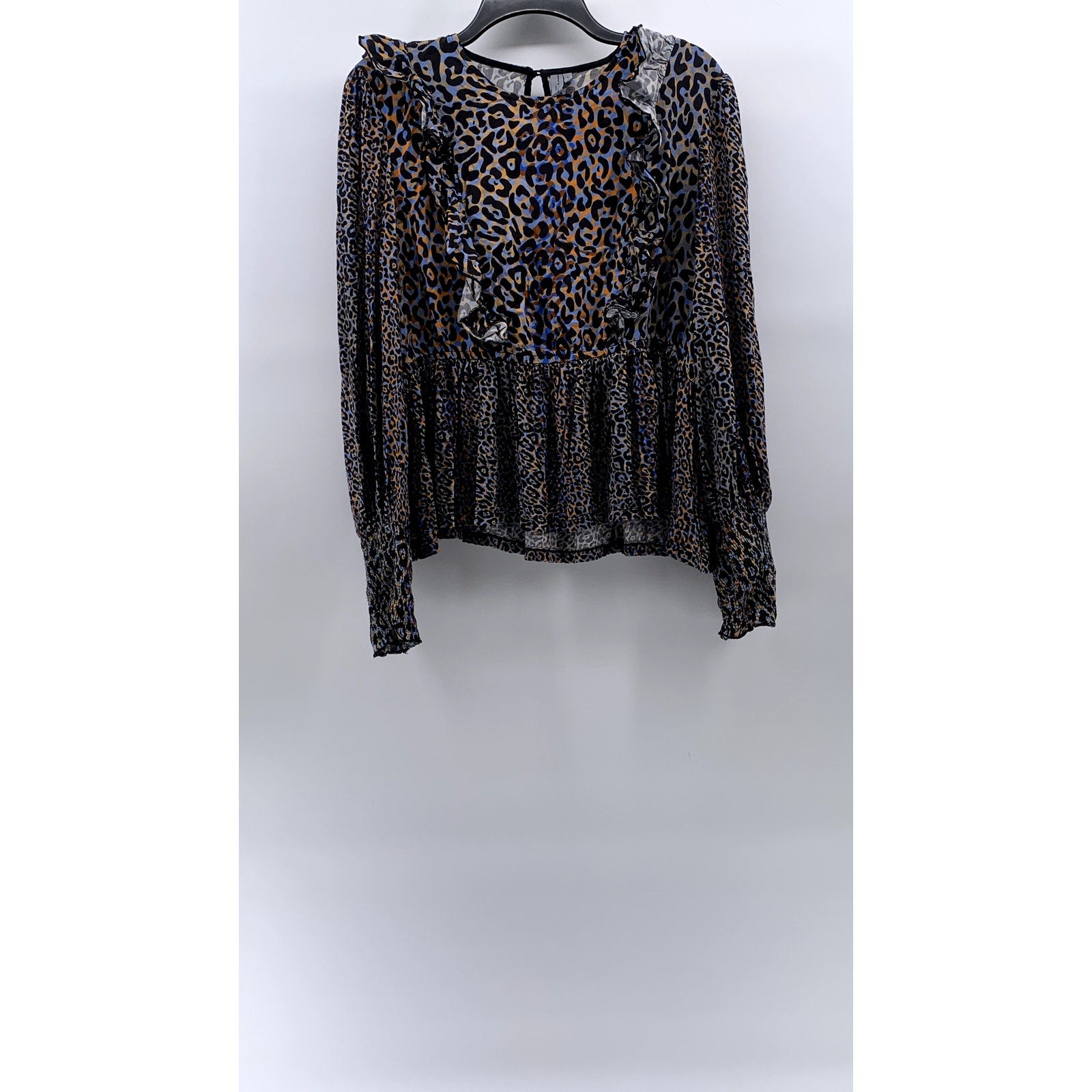 BLANK LONDON Women's Black-Blue-Orange Leopard Print Ruffle Long Sleeve Top SZ L
