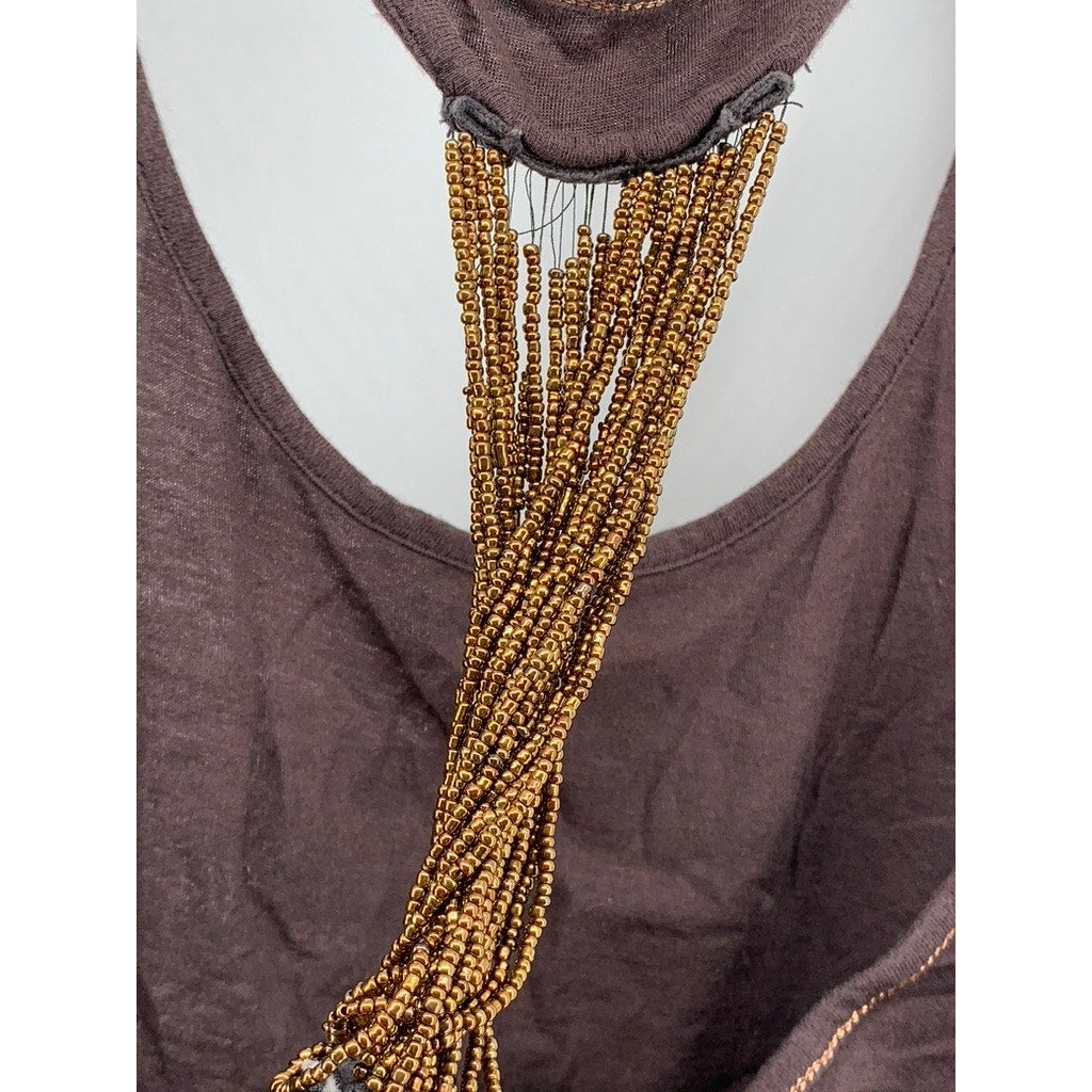 GUESS Women's Brown Owbex Graphic Y2k Grunge Beaded Tank SZ L