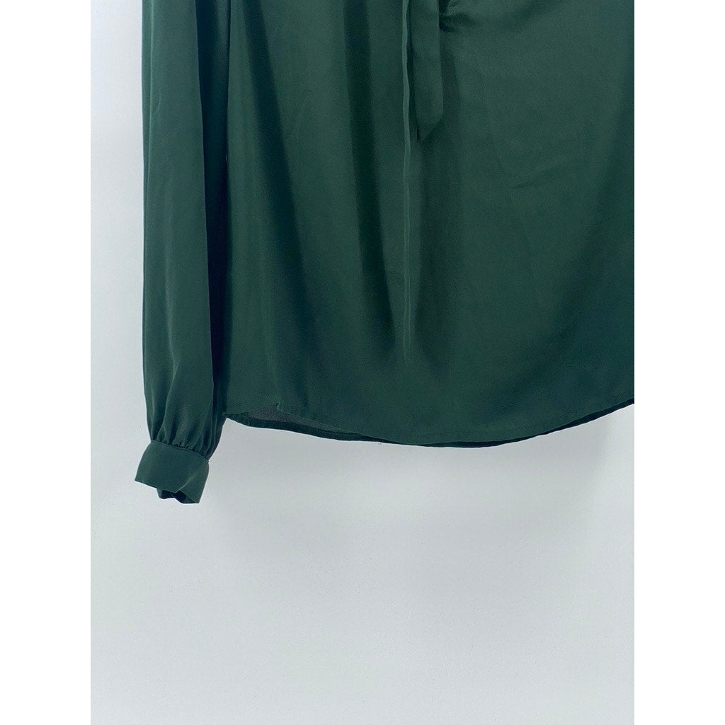 FOREVER 21 Women's Forest Green Semi Sheer Ruffle Tie-Neck Long Sleeve Top SZ S