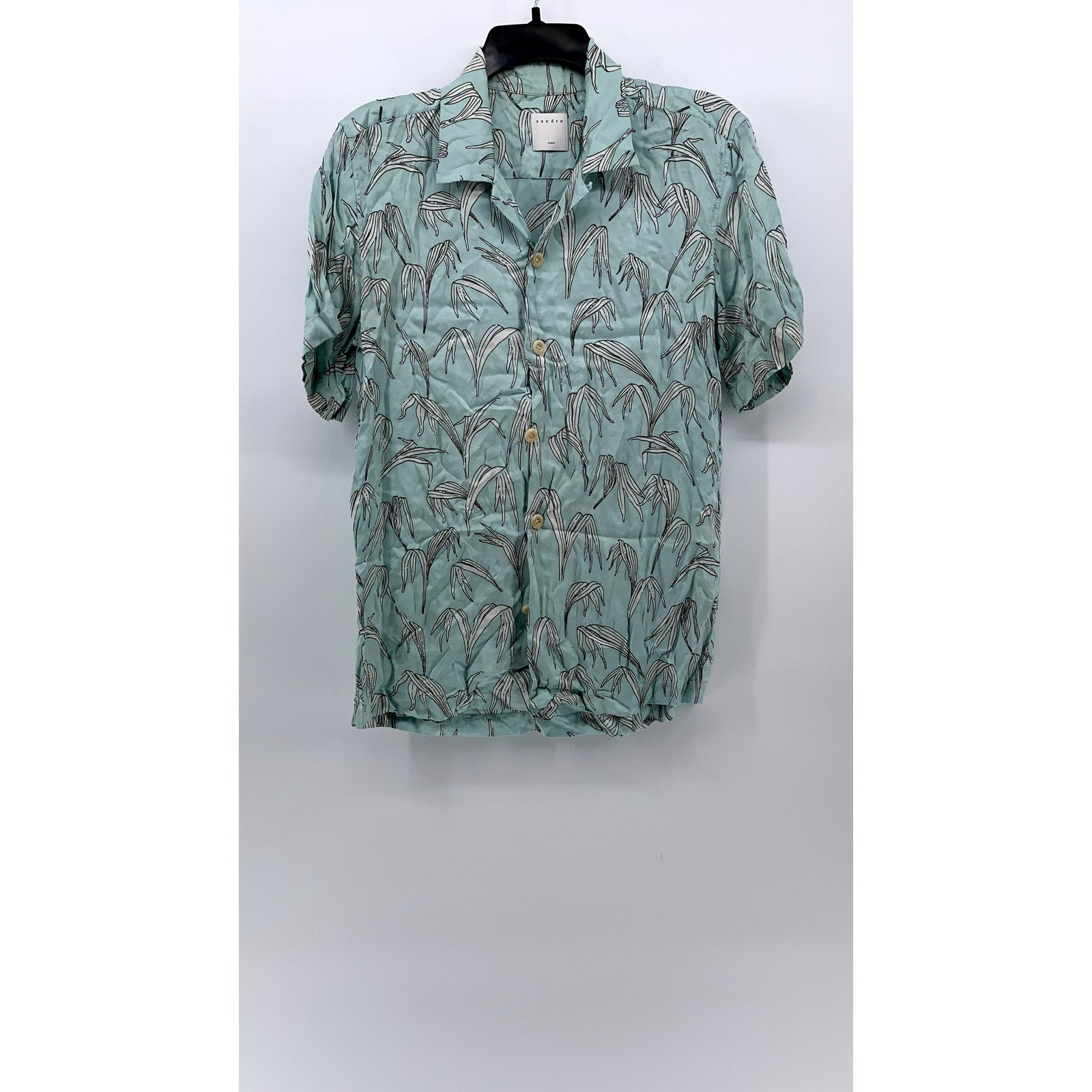 SANDRO PARIS Men's Light Blue-White Leaf Print Button-Up Casual Shirt SZ M