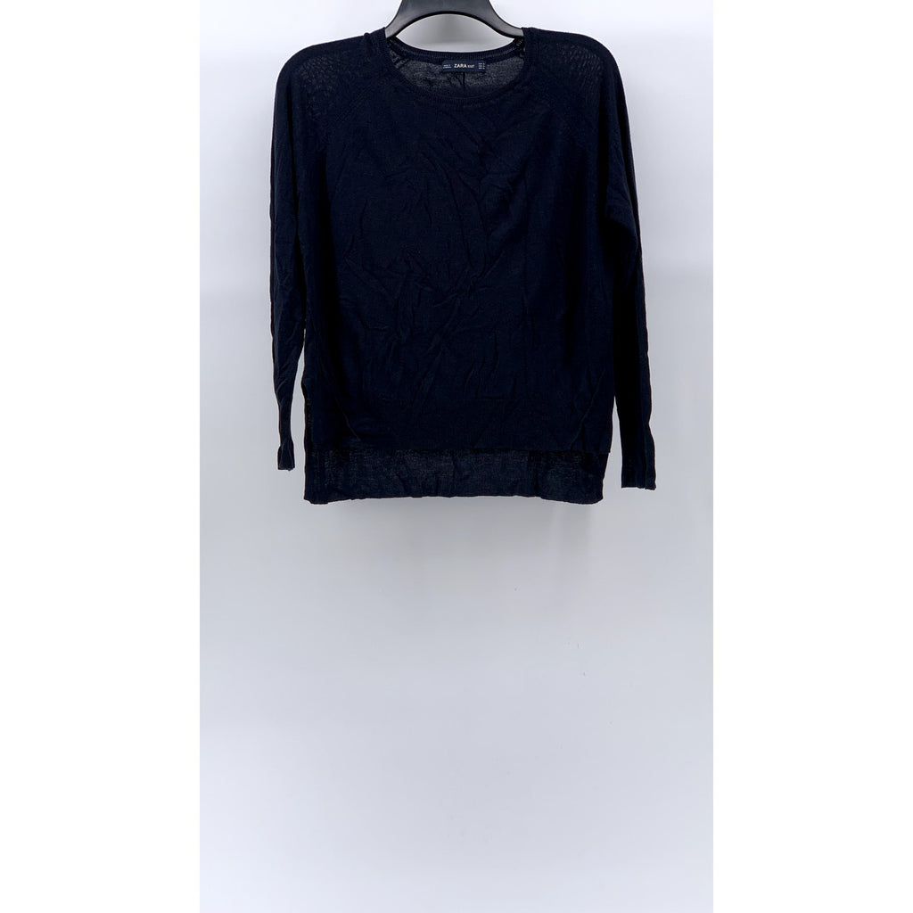ZARA KNIT Women's Navy Blue Crewneck Long Sleeve Hi-Low Pullover Sweater SZ M