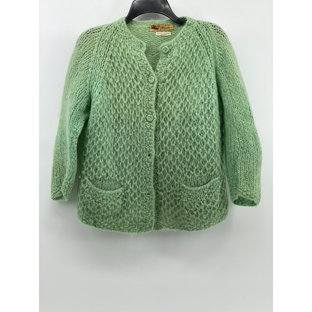 ORBACH'S Women's Green Vintage Open-Knit Button-Up Wool-Mohair Cardigan SZ S