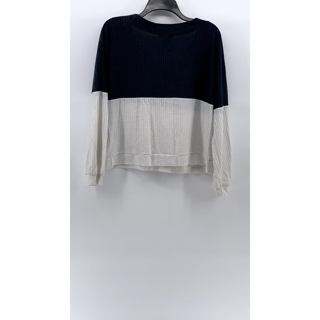 CENY Women's Navy-White Colorblock V-Neck Long Sleeve Waffle Knit Top SZ L