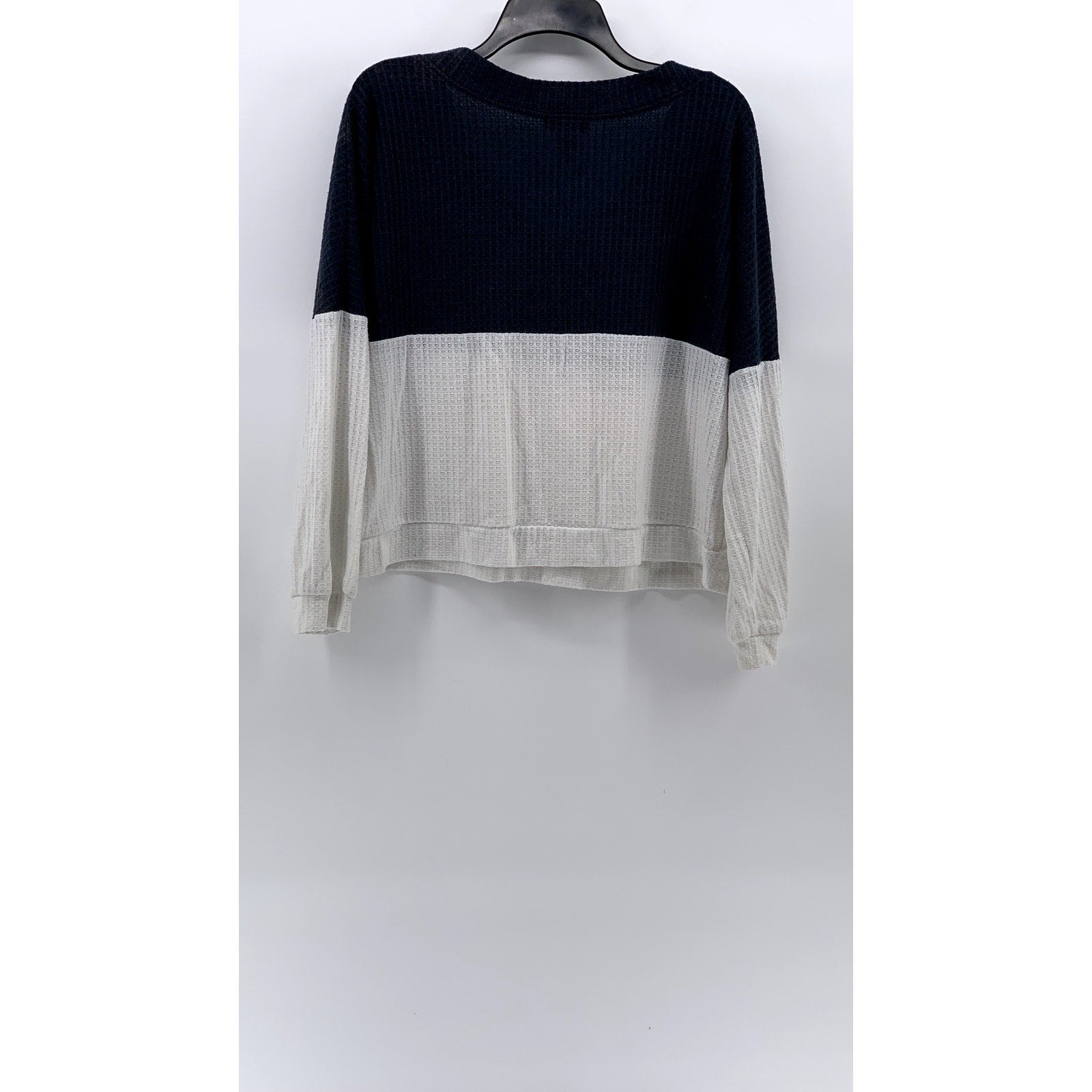 CENY Women's Navy-White Colorblock V-Neck Long Sleeve Waffle Knit Top SZ L
