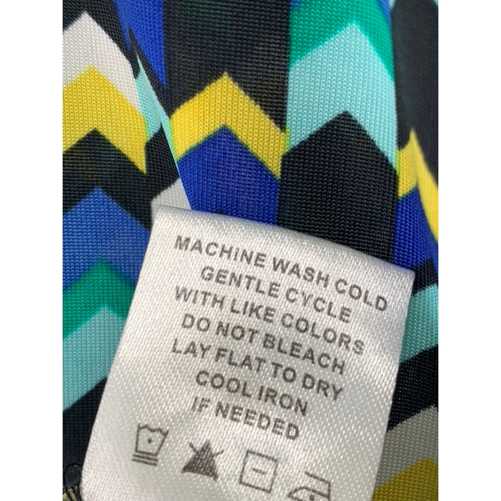 TACERA Women's Blue-Green-Yellow Printed Button-Front Long Sleeve Dress SZ M