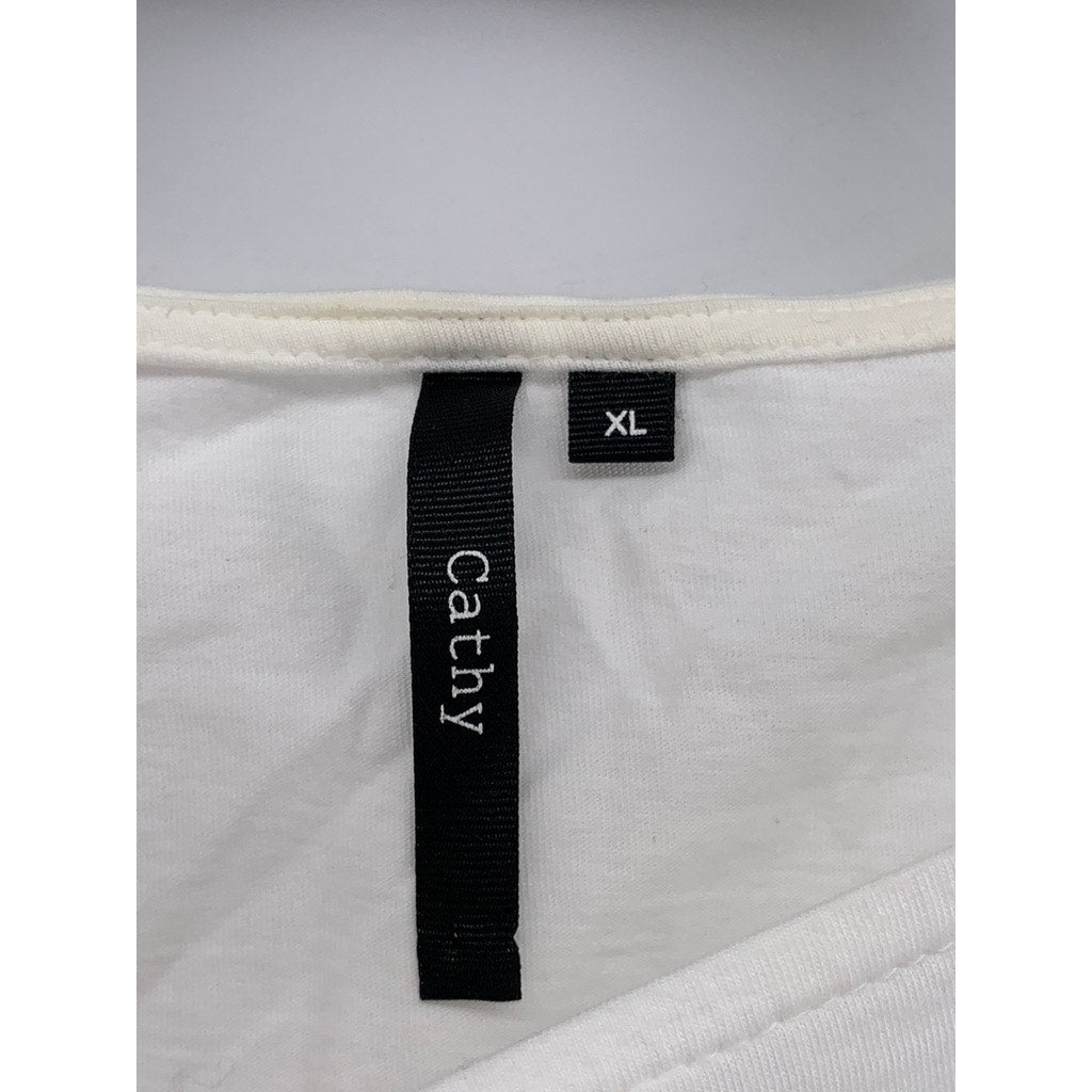 CATHY Women's White Crewneck 3/4 Embroidered Sleeve Top SZ XL