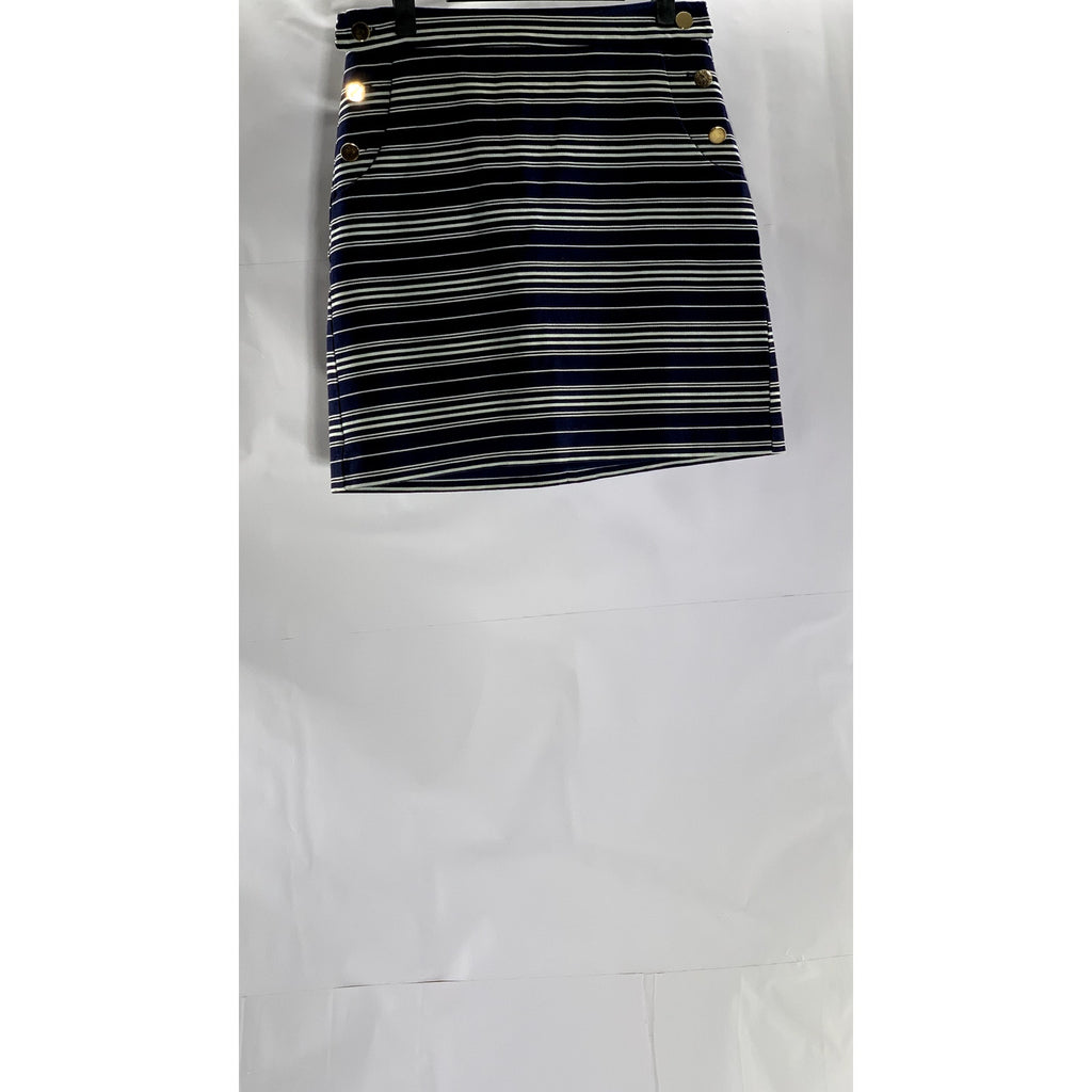 LOFT Women's Blue/White Striped Button Detail Lined Cotton-Blend Mini Skirt SZ 2