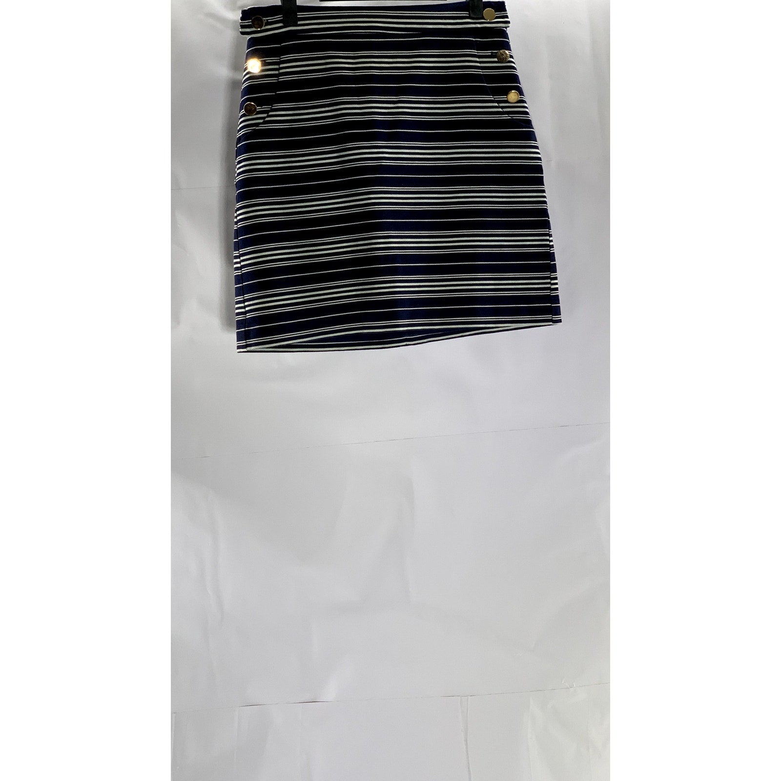 LOFT Women's Blue/White Striped Button Detail Lined Cotton-Blend Mini Skirt SZ 2