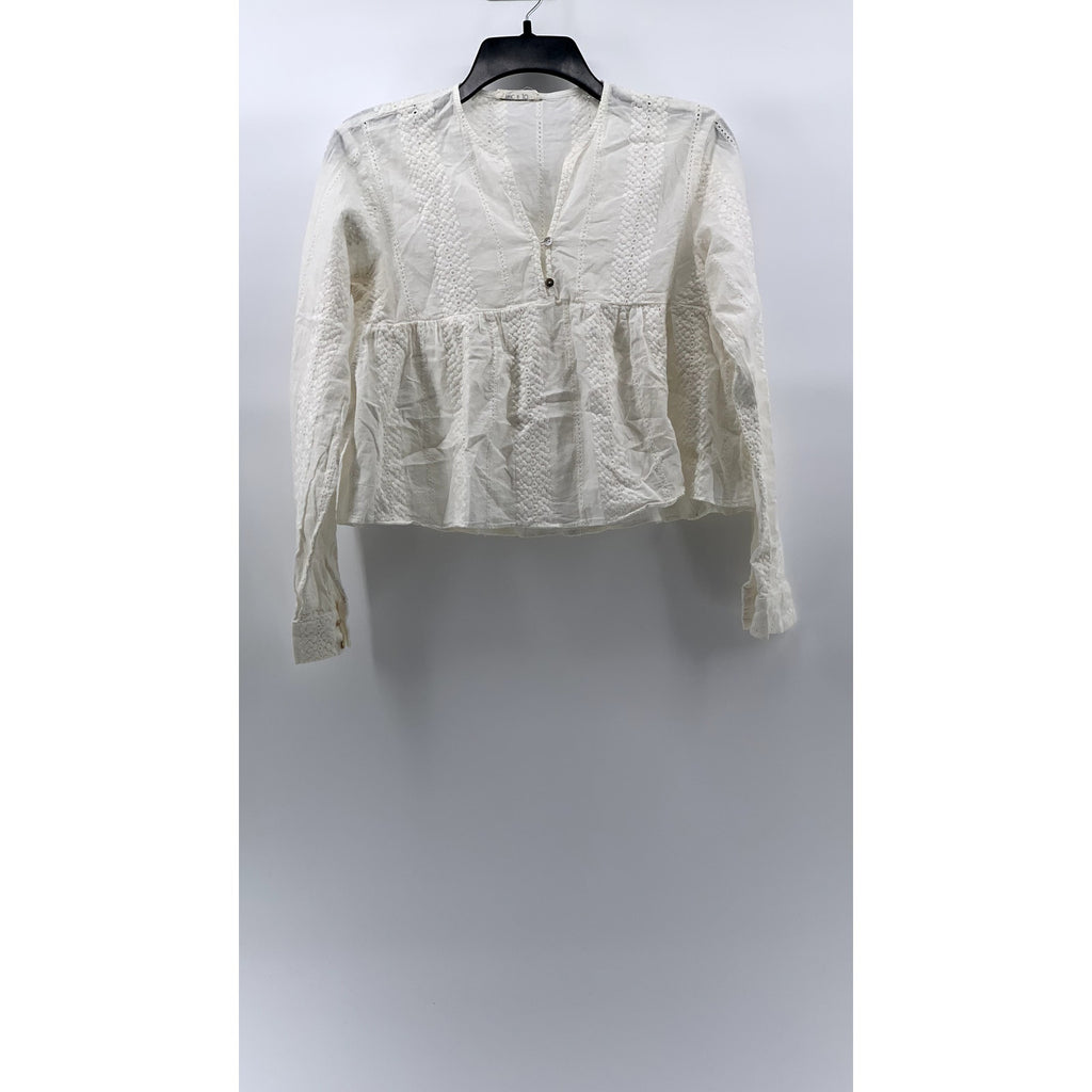 NIC & JO Women's White Embroidered Eyelet V-Neck Long Sleeve Ruffle-Hem Top SZ M