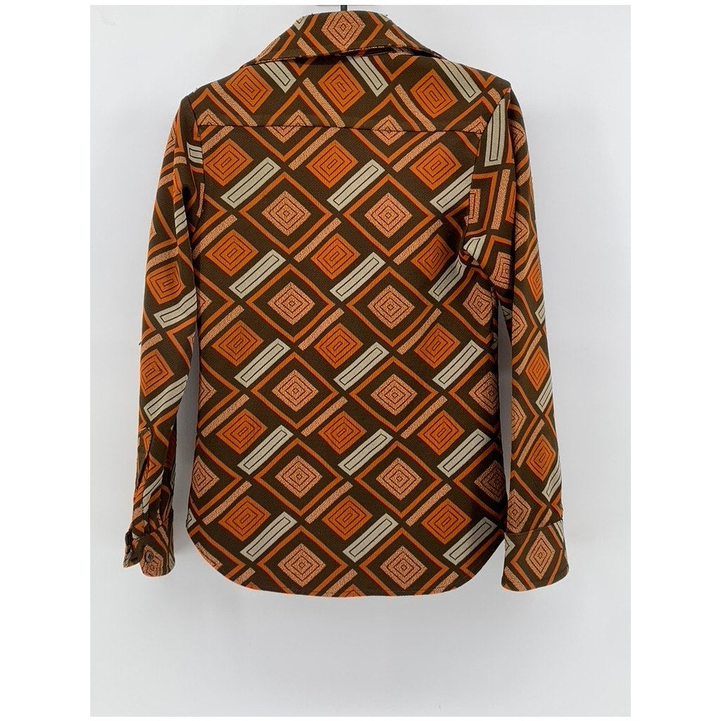 UNBRANDED Women's Orange Square Button-Down Long-Sleeve Shirt SZ S