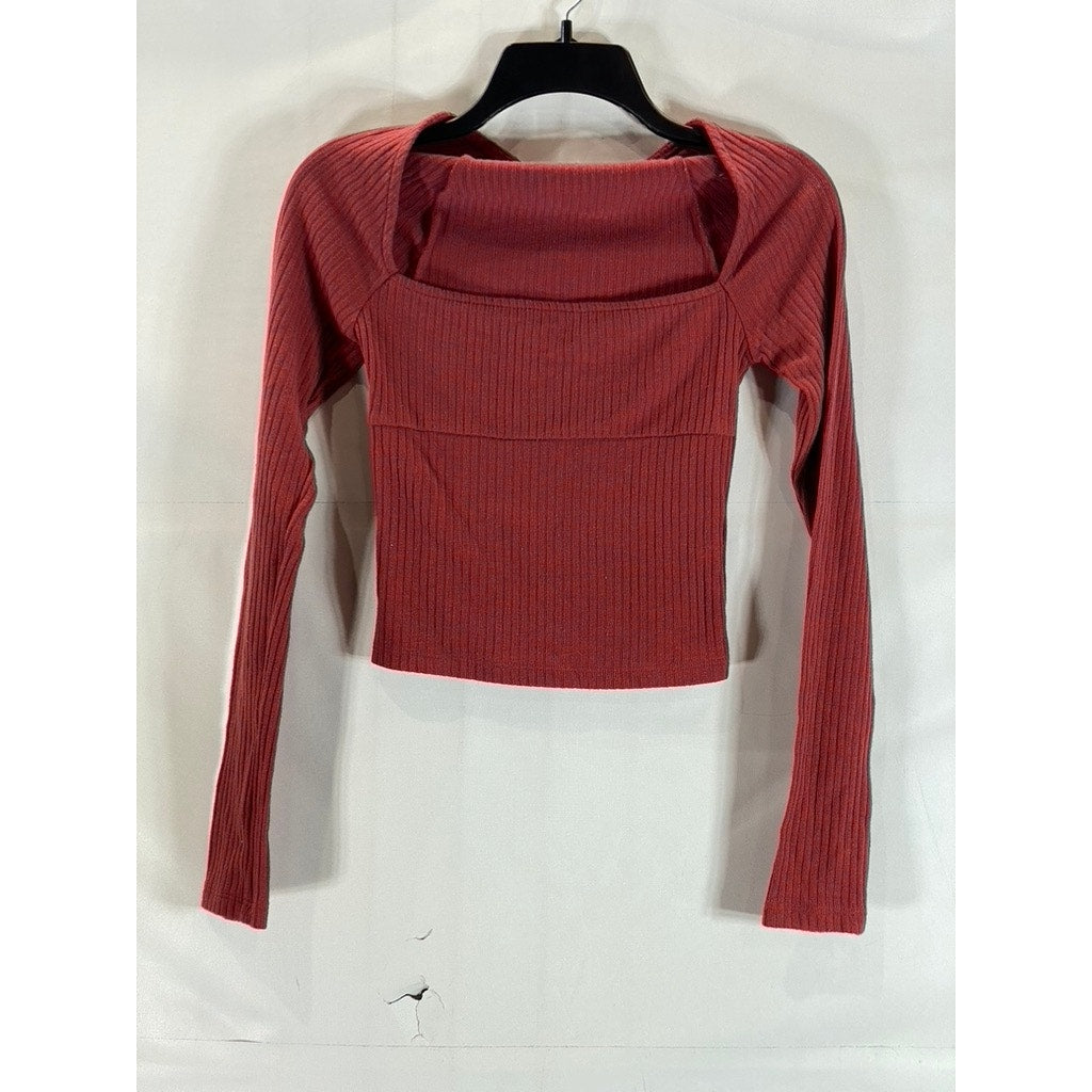 URBAN OUTFITTERS Women's Red Ribbed Square-Neck Long Sleeve Crop Top SZ S