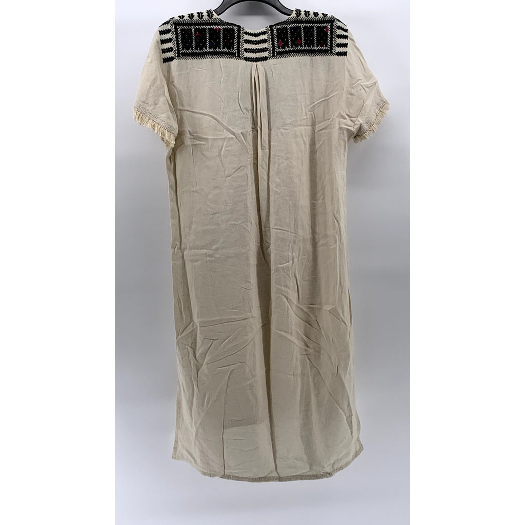 MADEWELL Women's Beige-Black Embroidered Paradise Raw Short Sleeve Dress SZ M