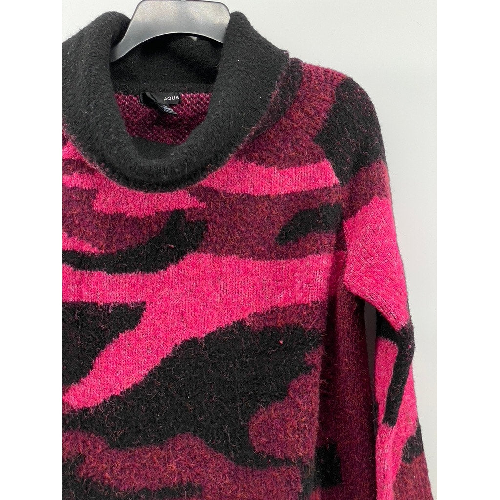 AQUA Women's Black-Pink Knit Camo Turtleneck Long Sleeve Pullover Sweater SZ M