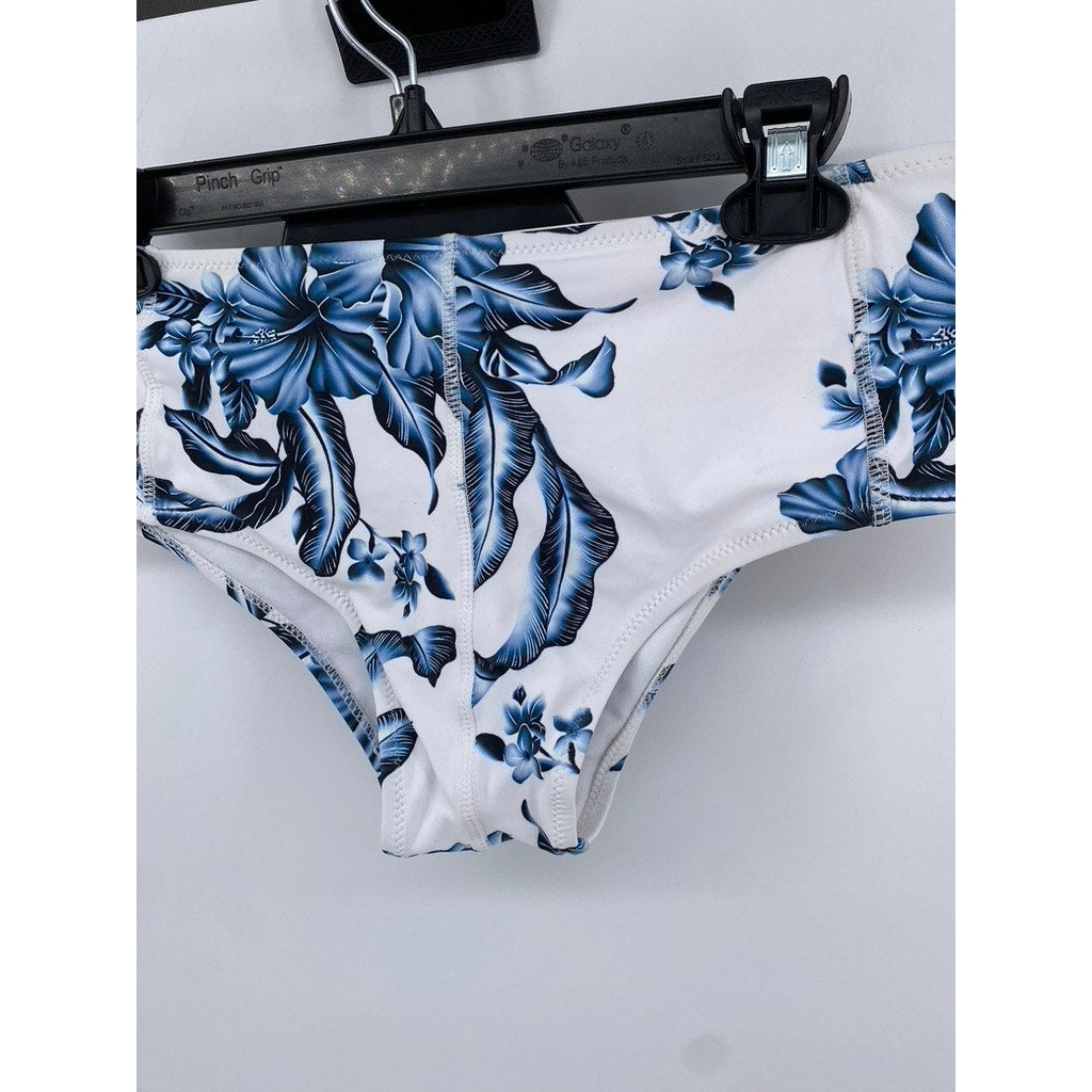 UNBRANDED Women's White-Blue Floral Print Cheeky Swim Bottom SZ L