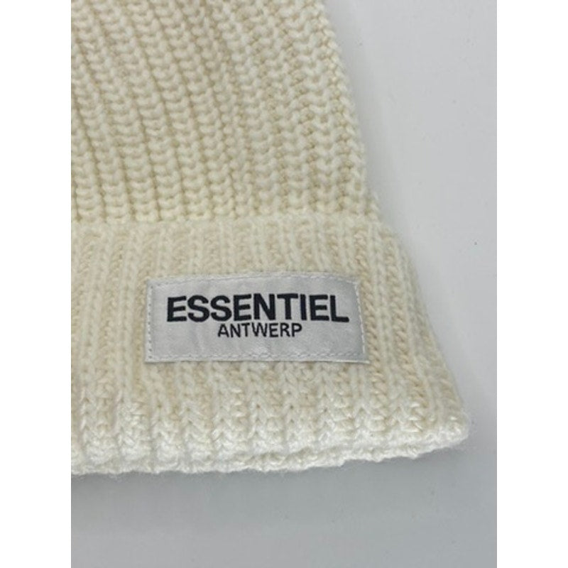 ESSENTIEL ANTWERP Unisex Cream Rib Knit Patch Logo Beanie SZ OS