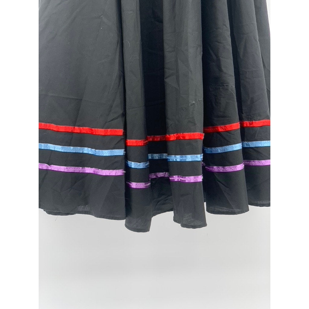 Women's Black-Multi Striped Hem Side-Zip A-Line Custom Midi Skirt SZ S