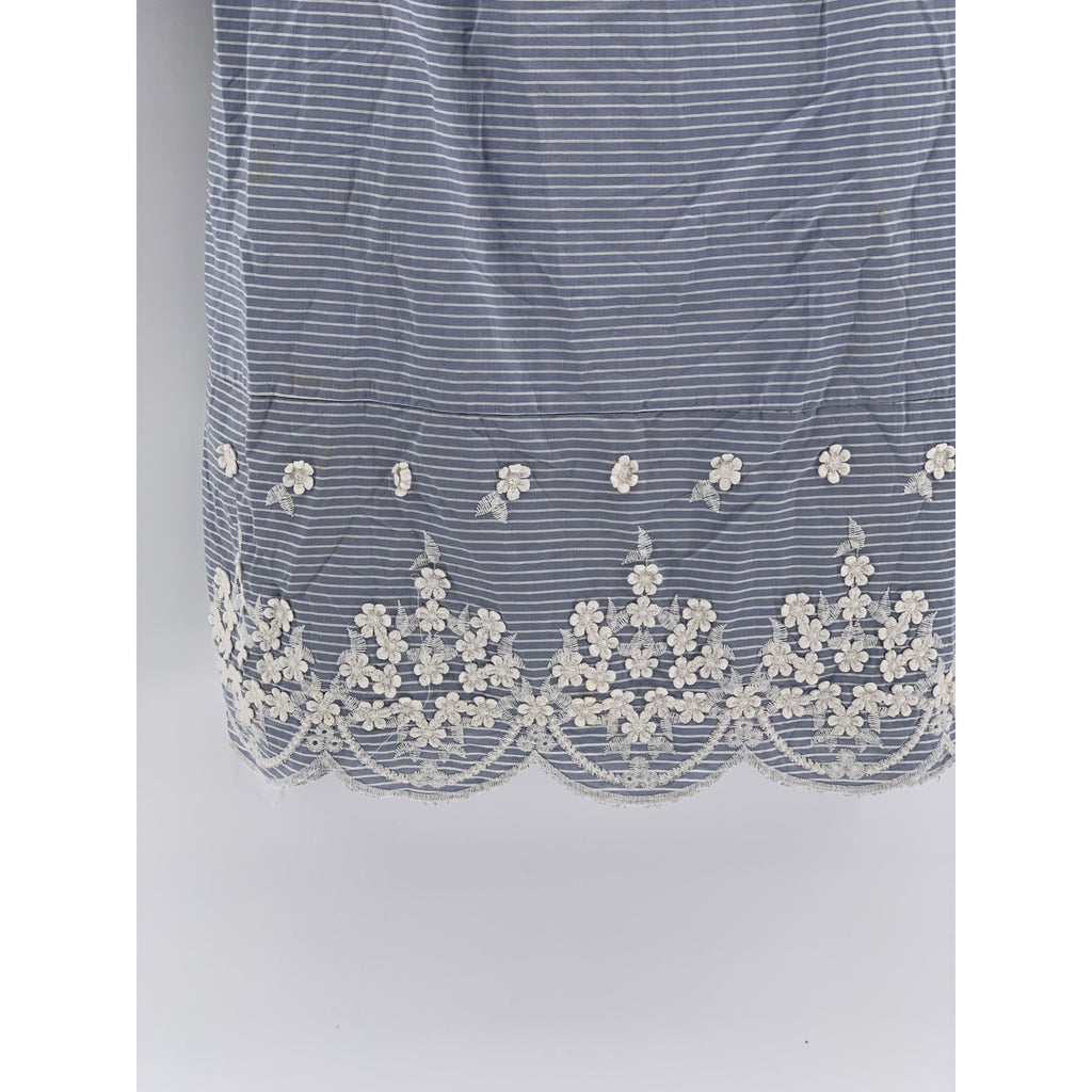 A NEW DAY Women's Blue-White Striped Surplice Embroidered Elbow Sleeve Dress SZS