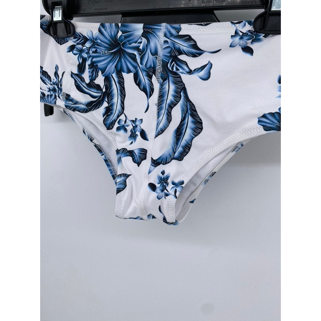 UNBRANDED Women's White-Blue Floral Print Cheeky Swim Bottom SZ L