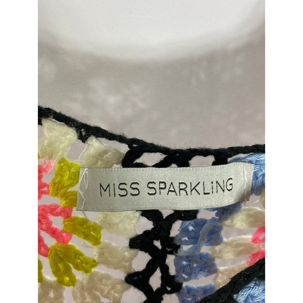 MISS SPARKLING Women's Black-Multi Crochet Floral Straight-Neck Tank Top SZ S