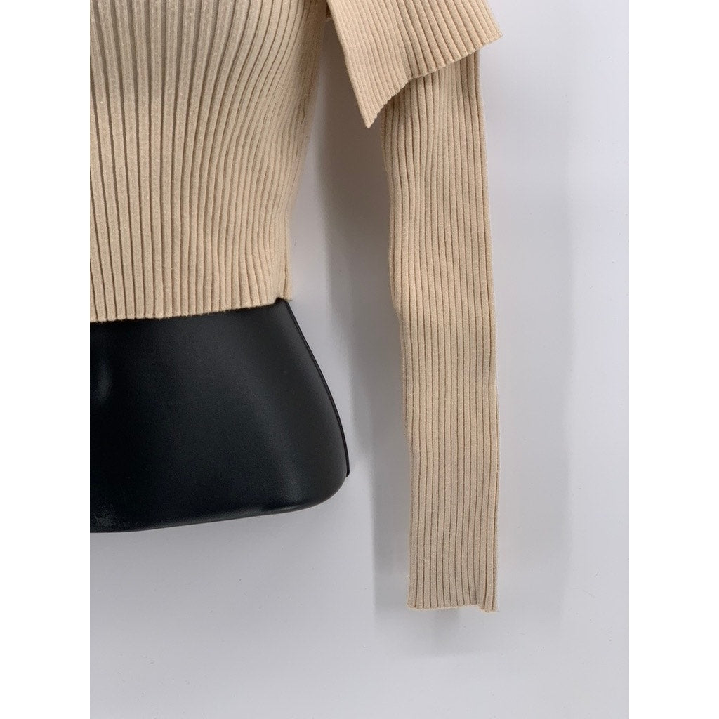 ZARA Women's Beige Rib Knit Off-The-Shoulder V-Neck Cropped Sweater Top SZ S