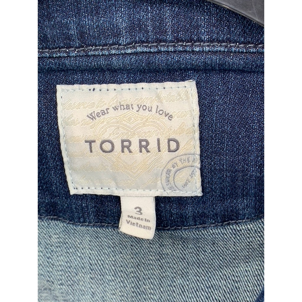 TORRID Women's Blue Denim Zip-Up Long Sleeve Moto Grunge Jacket SZ 3