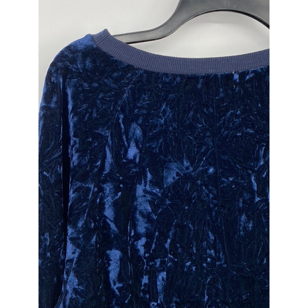 LOVE SADIE Women's Blue Crushed Velvet Crewneck Long Sleeve Pullover Sweater SZM