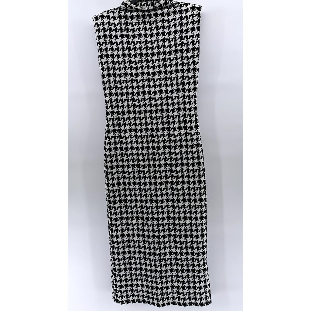 SHEIN Women's Black-White Houndstooth Print Mock-Neck Bodycon Midi Dress SZ 8/10