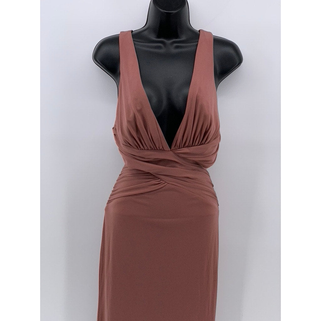 KATIE MAY Women's Ash Rose Secret Agent Plunging V-Neck Open-Back Gown SZ S