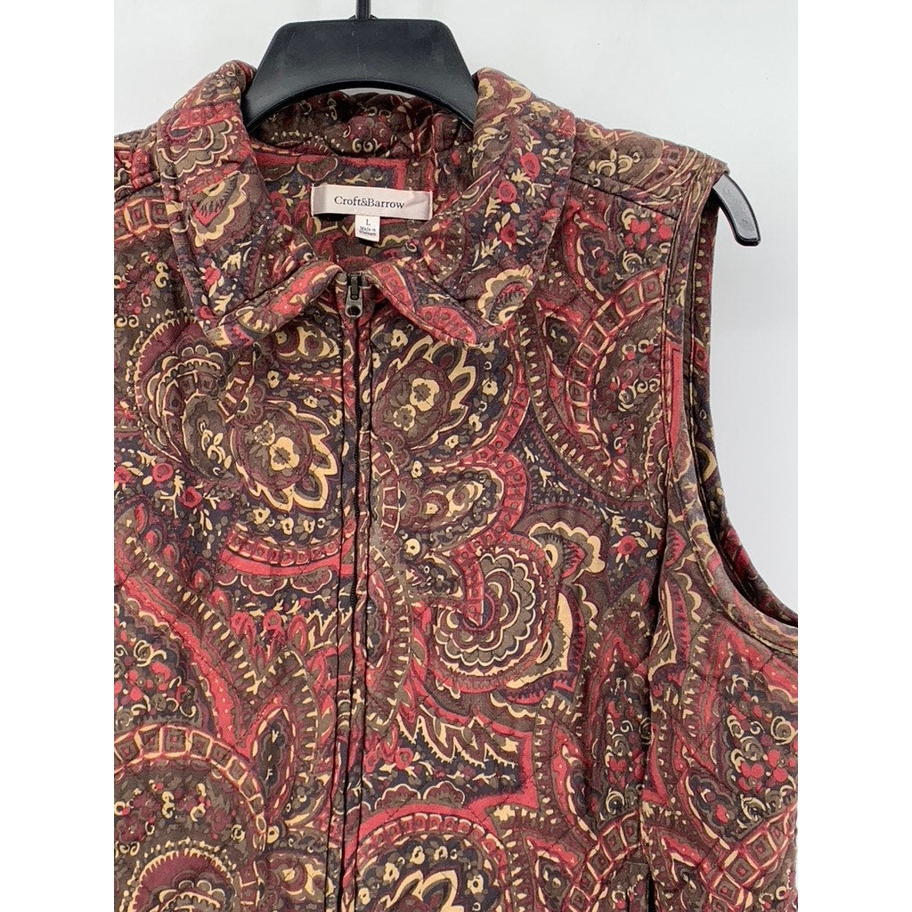 CROFT & BARROW Women’s Brown Paisley Print Quilted Zip-Up Vest SZ L